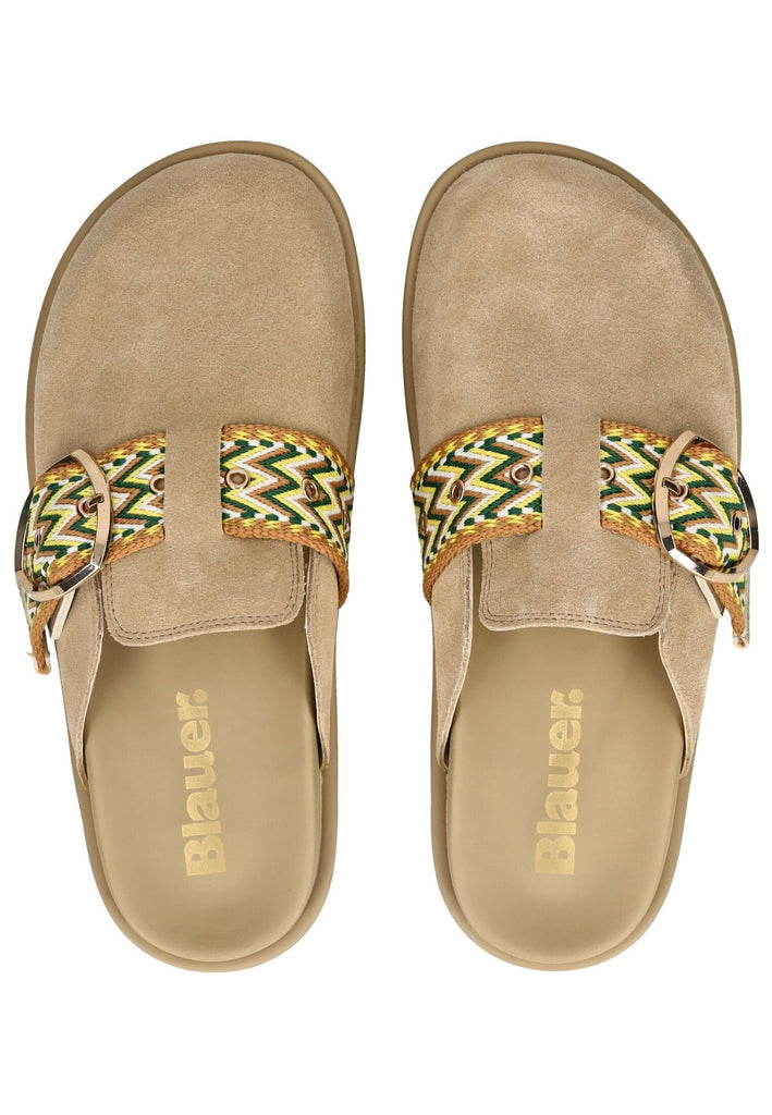 Blauer Pantoletten Veloursleder Beige