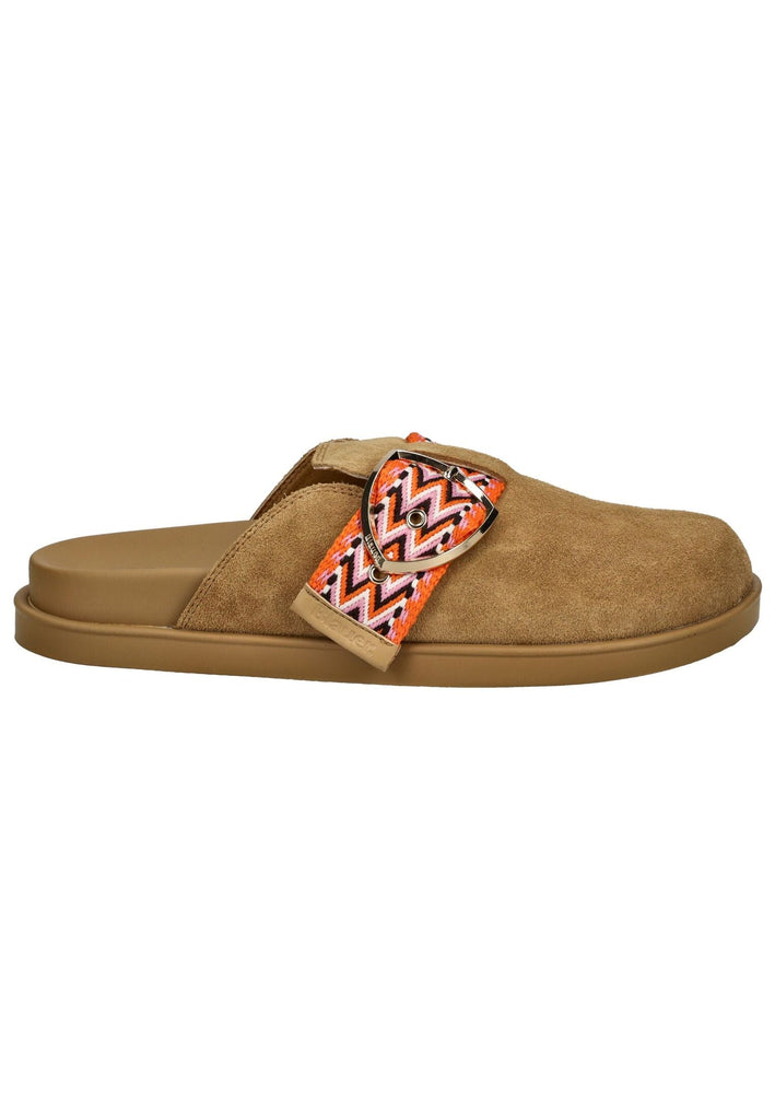 Blauer Pantoletten Veloursleder Cognac