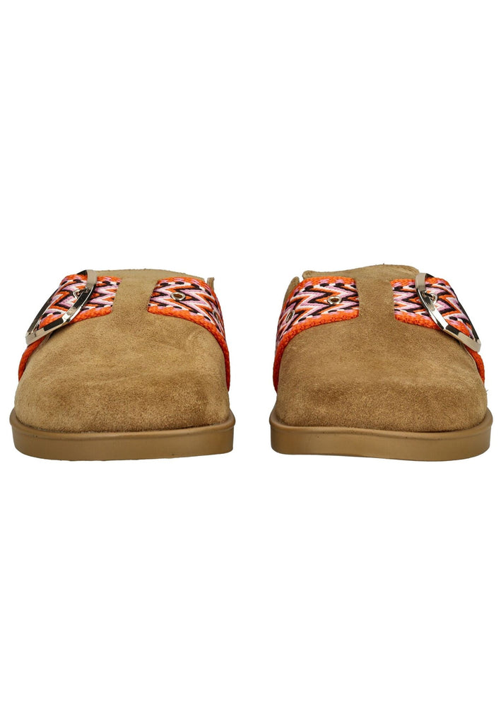 Blauer Pantoletten Veloursleder Cognac