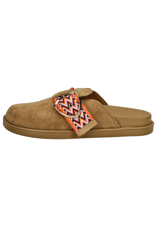 Blauer Pantoletten Veloursleder Cognac