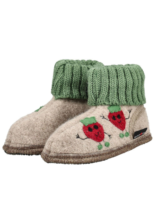 Haflinger Hausschuhe Wolle Beige/Grün