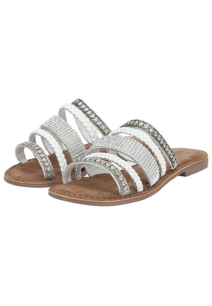 Lazamani Pantoletten Leder/Textil Weiß Kombi