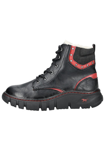 Stiefeletten Mustang Stiefelette Lederimitat Schwarz/Rot Warmfutter