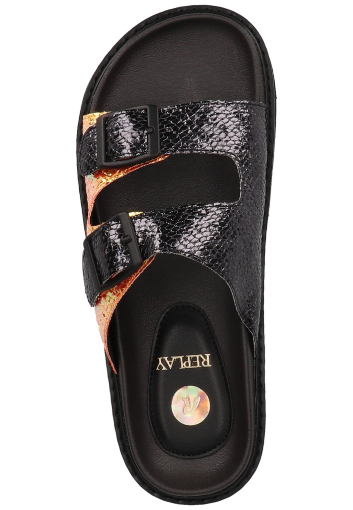 Replay Pantoletten Lederimitat Schwarz/Gold