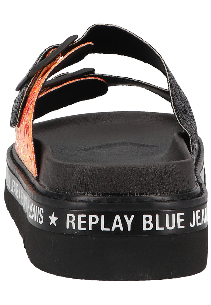 Replay Pantoletten Lederimitat Schwarz/Gold