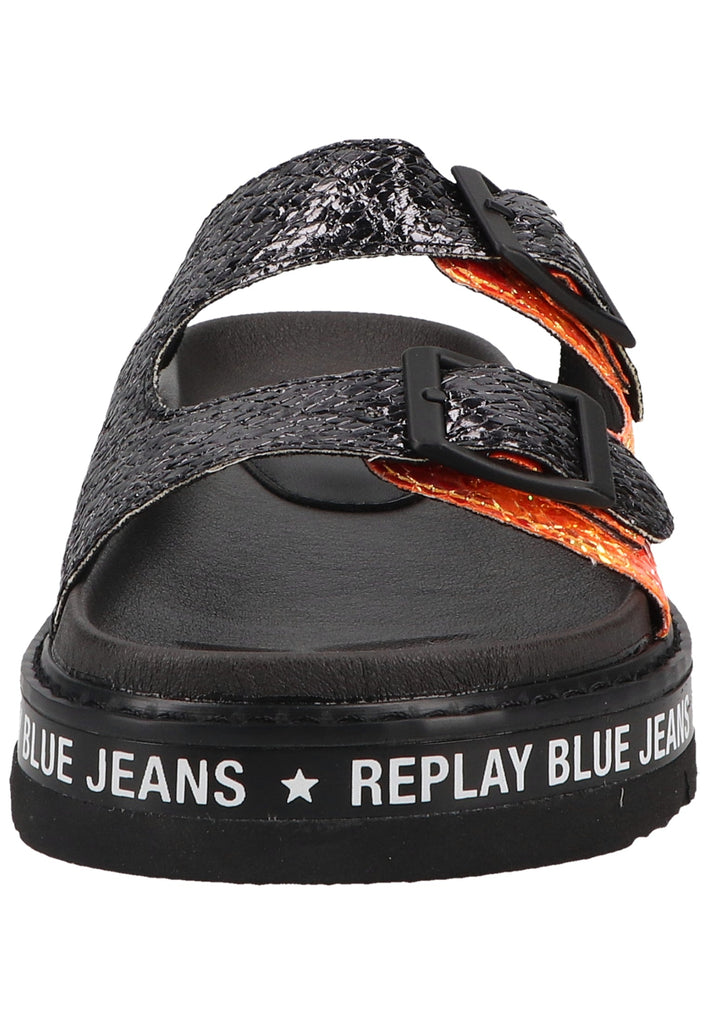 Replay Pantoletten Lederimitat Schwarz/Gold