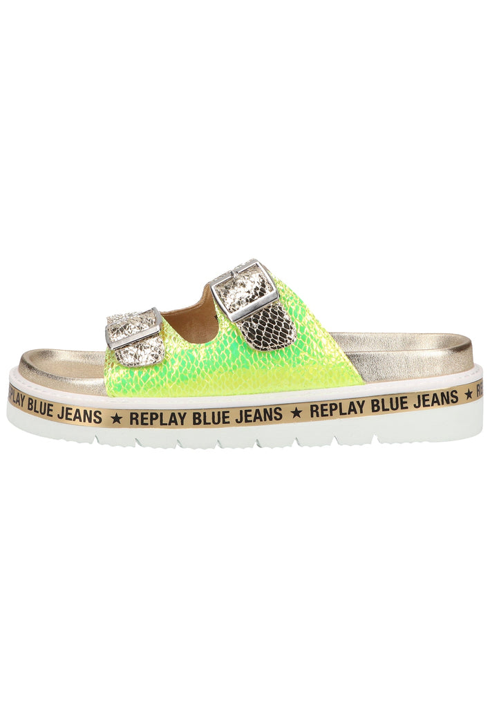 Replay Pantoletten Lederimitat Silber/Grün