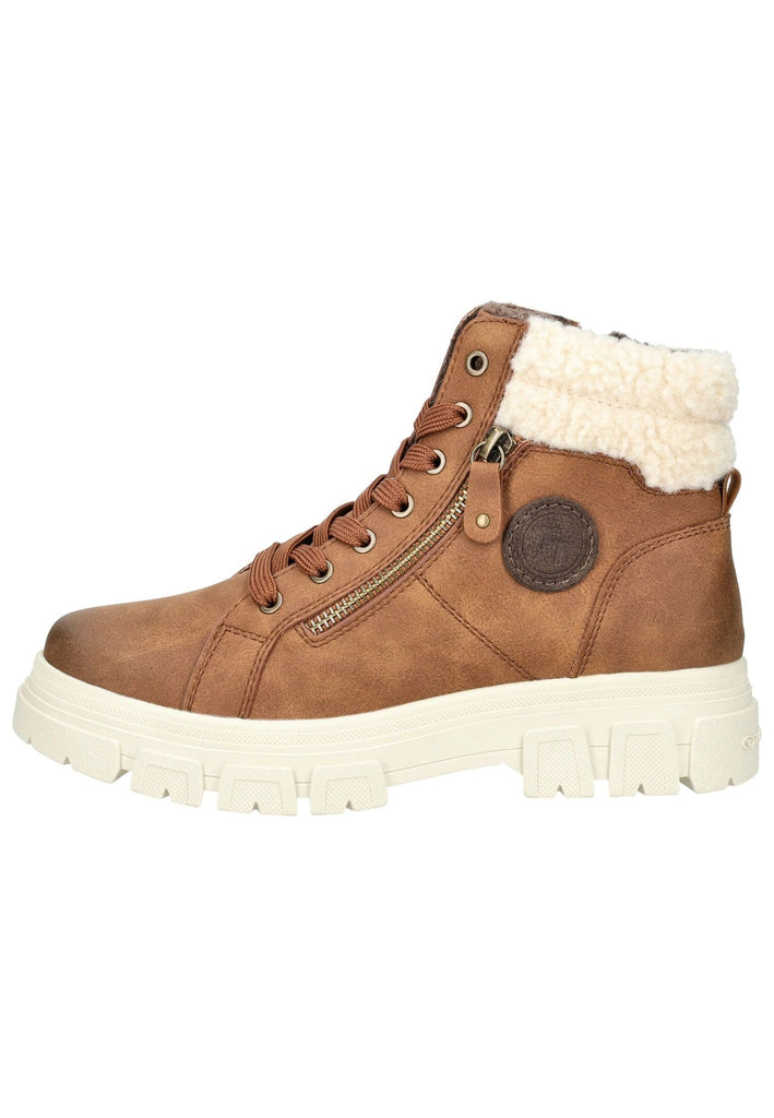 Stiefeletten Tom Tailor Stiefelette Lederimitat/Textil Cognac Warmfutter